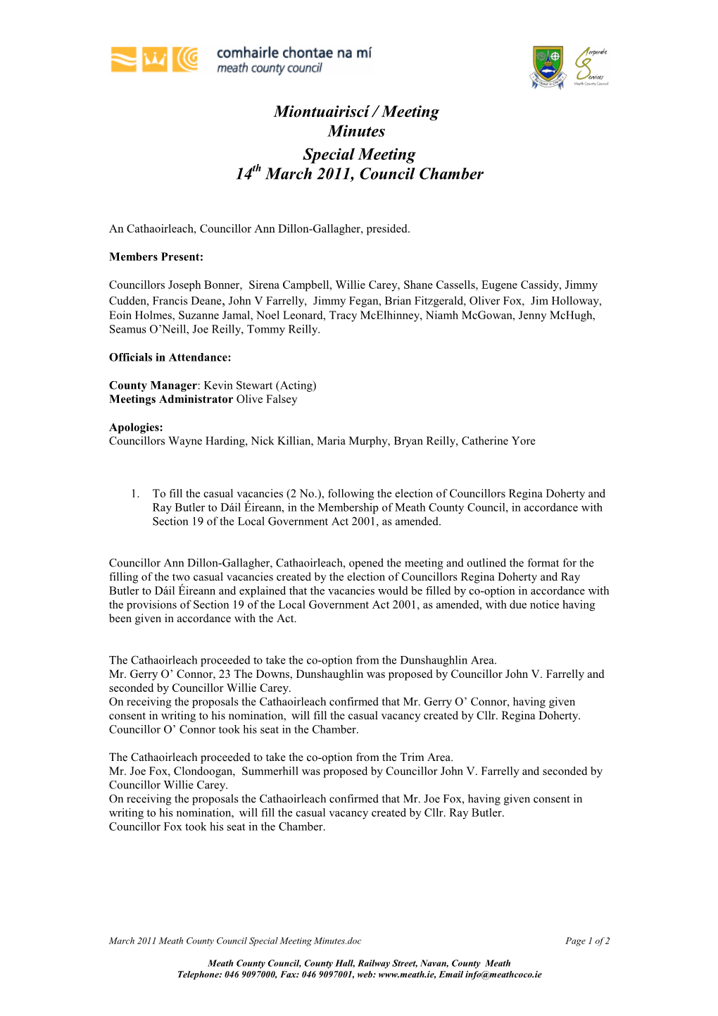 Miontuairiscí / Meeting Minutes Special Meeting 14 March 2011