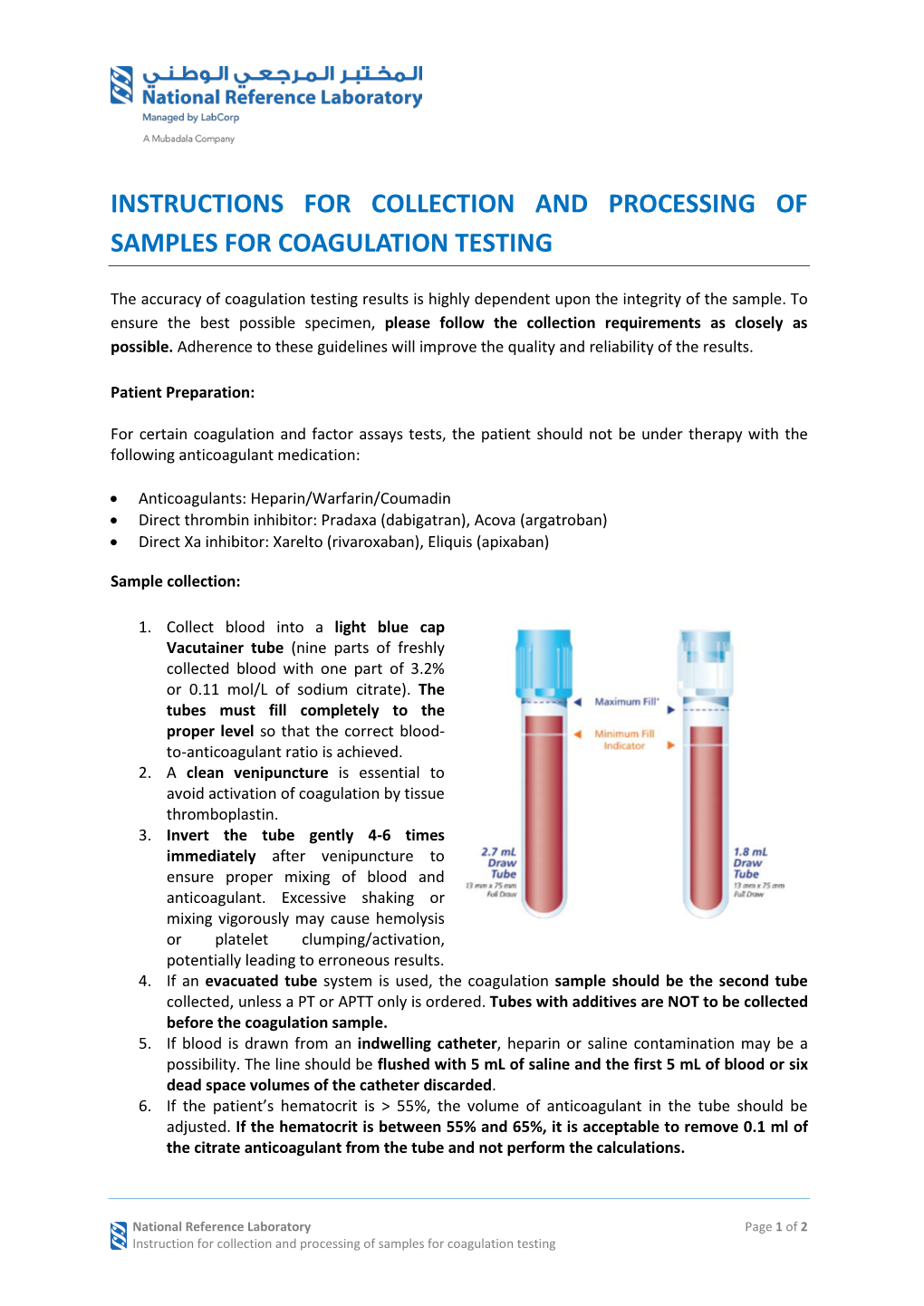 Instructions for Collection and Processing of Samples for Coagulation Testing