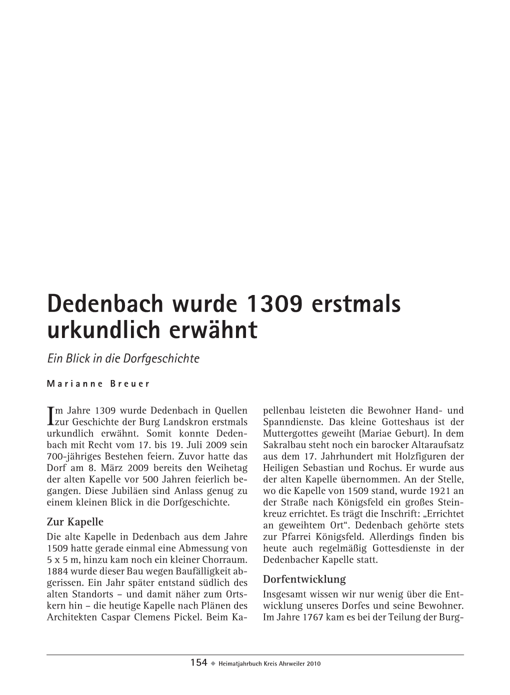 Dedenbach Wurde 1309 Erstmals Urkundlich Erwähnt Ein Blick in Die Dorfgeschichte