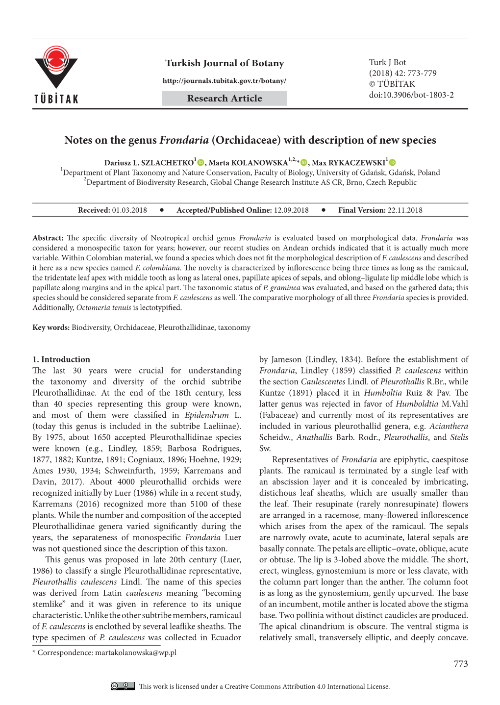 Notes on the Genus Frondaria (Orchidaceae) with Description of New Species