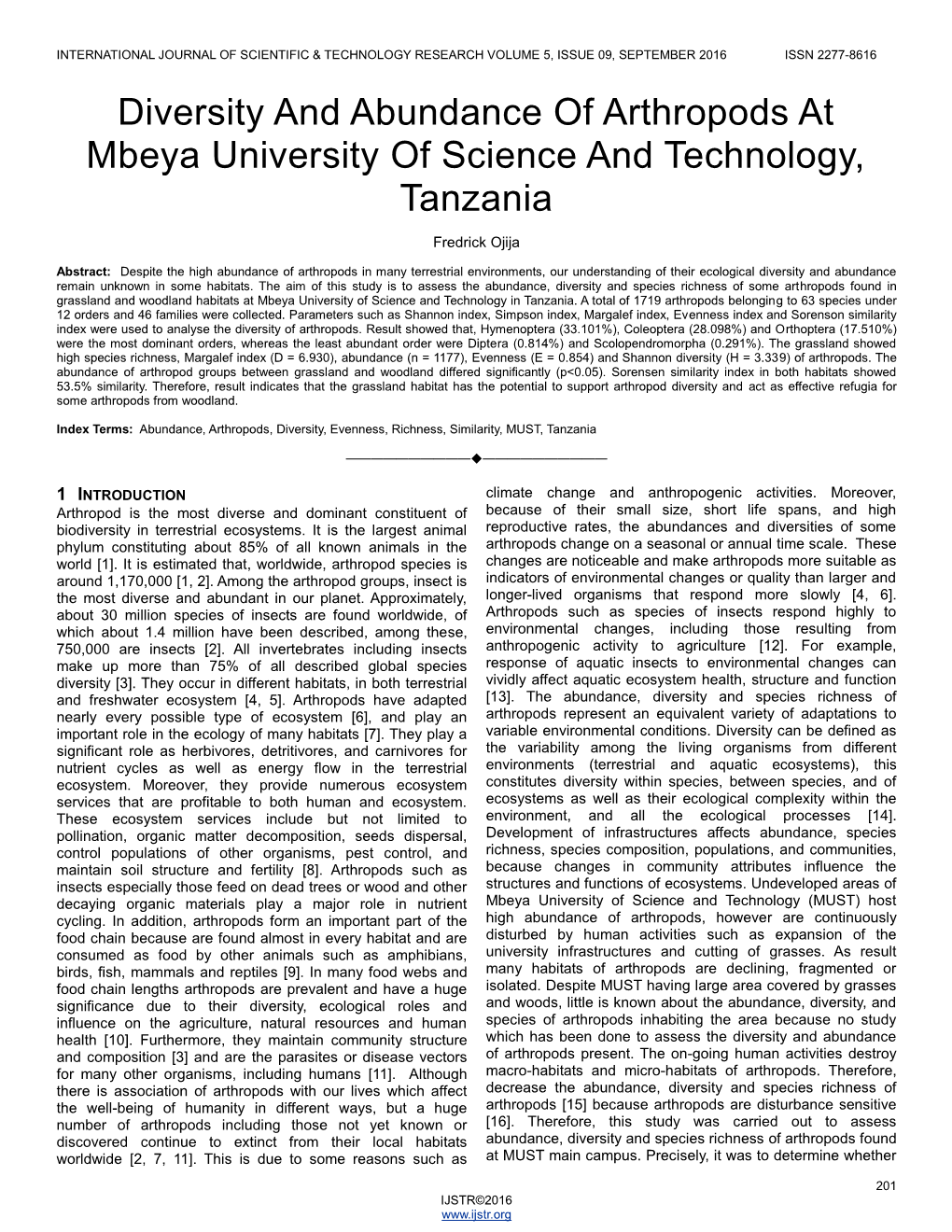 Diversity and Abundance of Arthropods at Mbeya University of Science and Technology, Tanzania