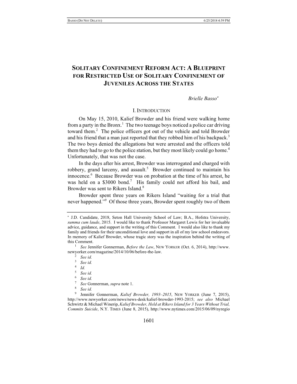 Solitary Confinement Reform Act: a Blueprint for Restricted Use of Solitary Confinement of Juveniles Across the States