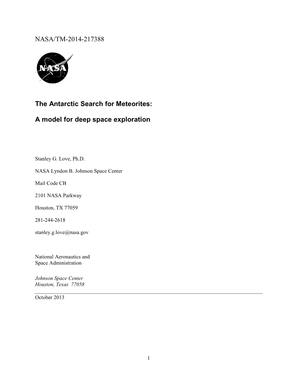 NASA/TM-2014-217388 the Antarctic Search for Meteorites: a Model For