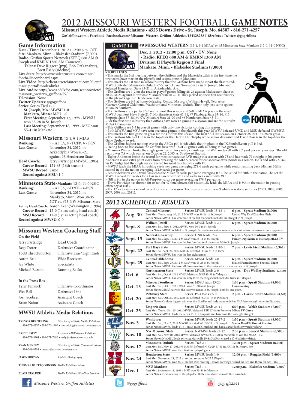 2012 MISSOURI WESTERN FOOTBALL GAME NOTES Missouri Western Athletic Media Relations • 4525 Downs Drive • St