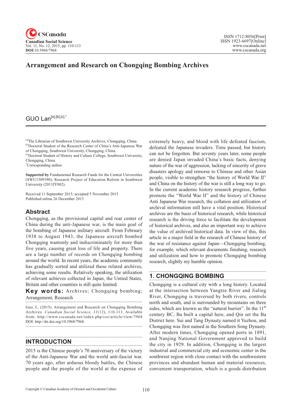 Arrangement and Research on Chongqing Bombing Archives