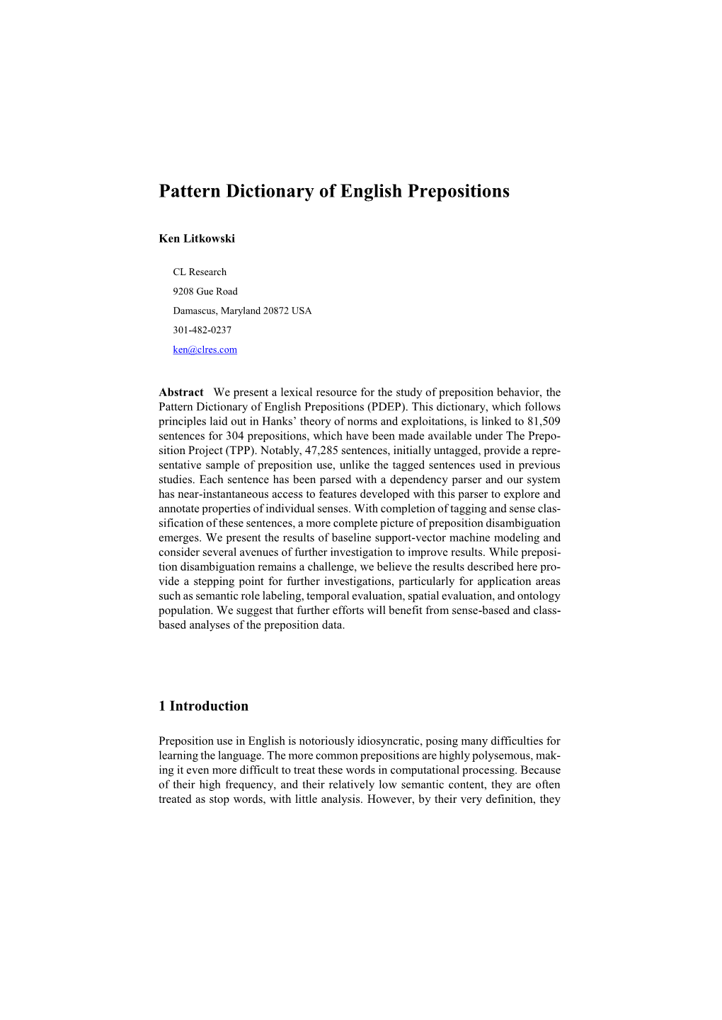 Pattern Dictionary of English Prepositions