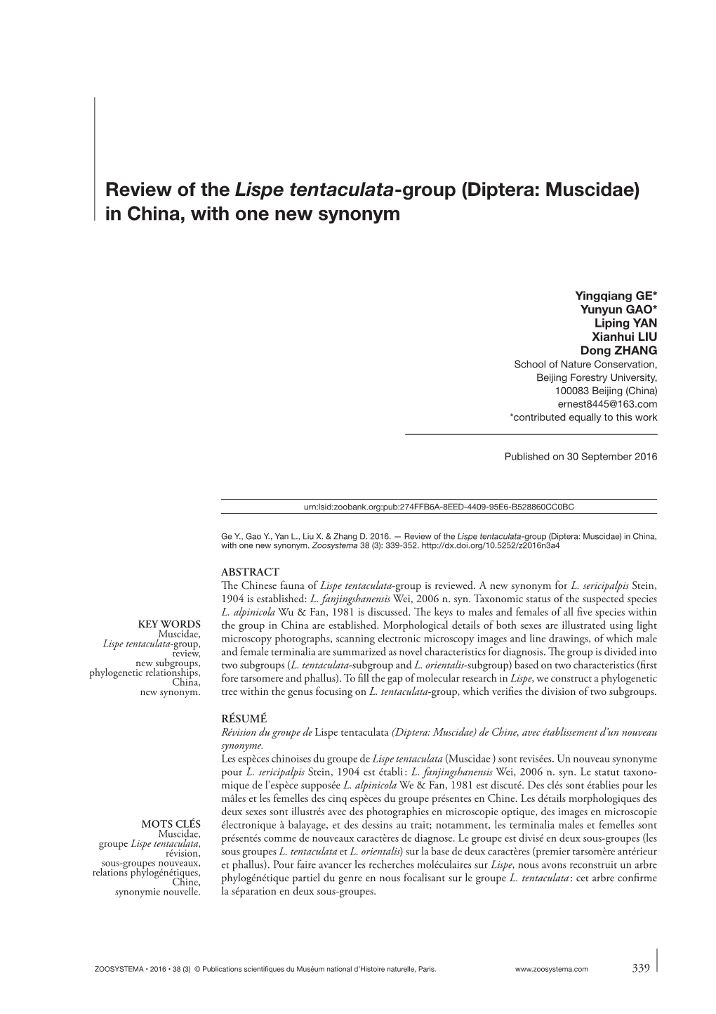 Review of the Lispe Tentaculata-Group (Diptera: Muscidae) in China, with One New Synonym