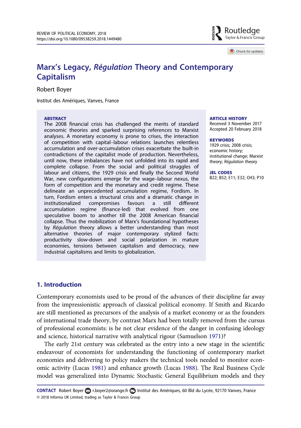 Marx's Legacy, Régulation Theory and Contemporary Capitalism