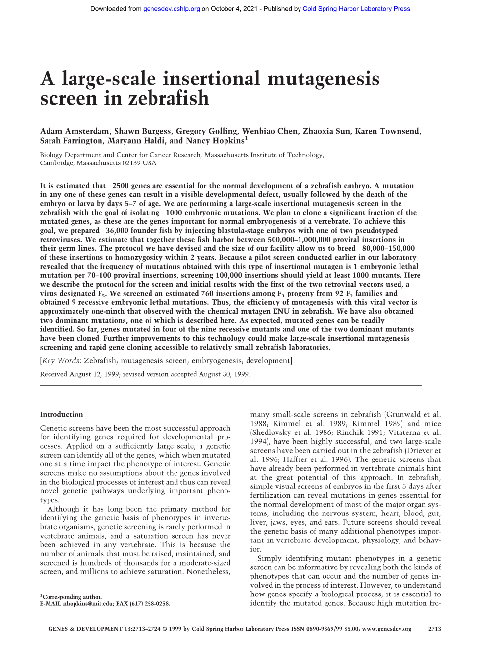 A Large-Scale Insertional Mutagenesis Screen in Zebrafish