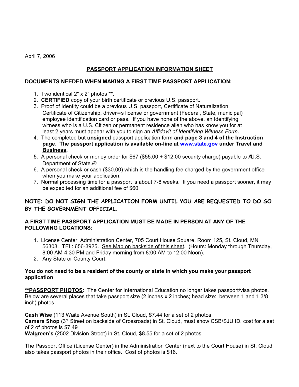 Passport Application Information Sheet