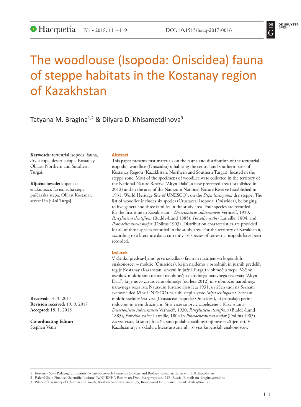 Isopoda: Oniscidea) Fauna of Steppe Habitats in the Kostanay Region of Kazakhstan