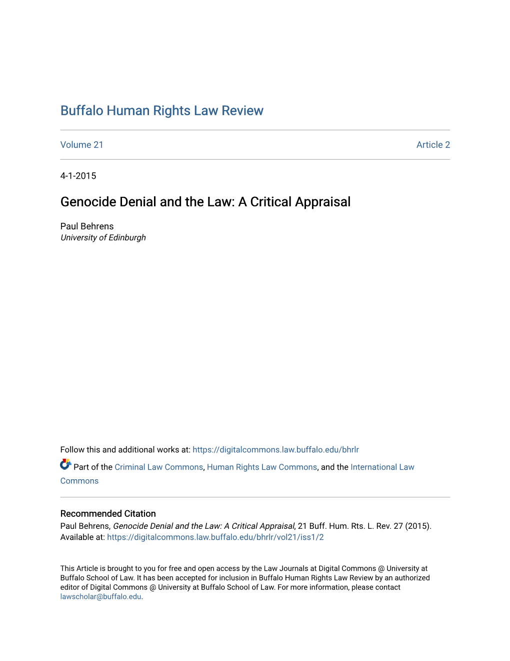 Genocide Denial and the Law: a Critical Appraisal