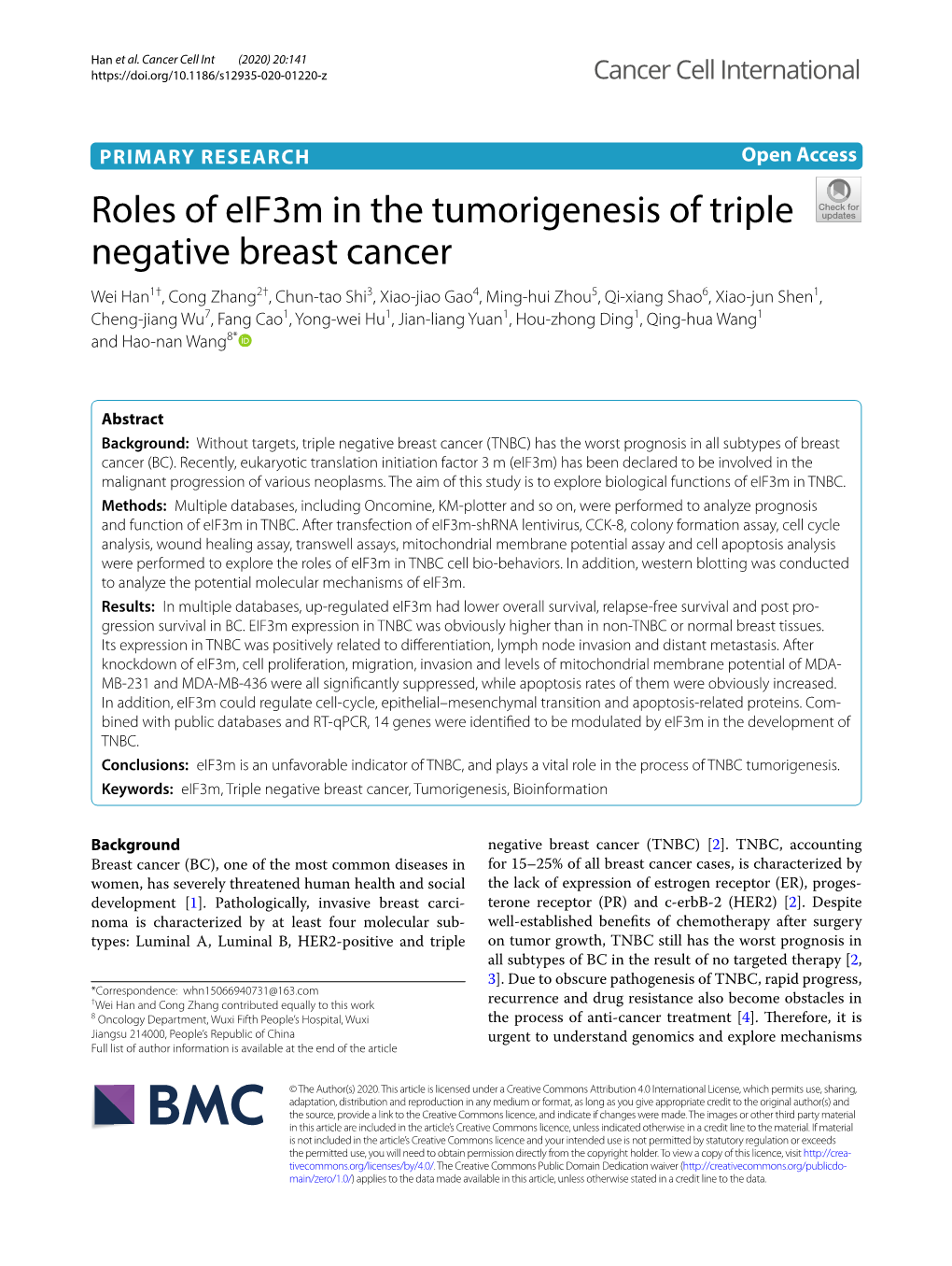 Roles of Eif3m in the Tumorigenesis of Triple Negative Breast Cancer