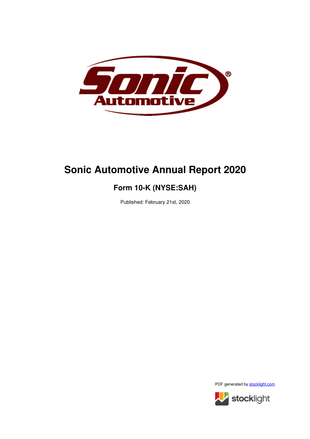 Sonic Automotive Annual Report 2020