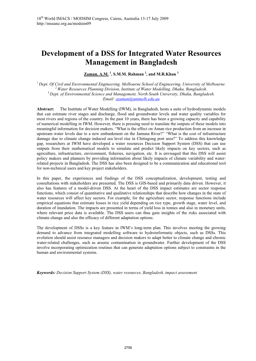 Development of a DSS for Integrated Water Resources Management in Bangladesh