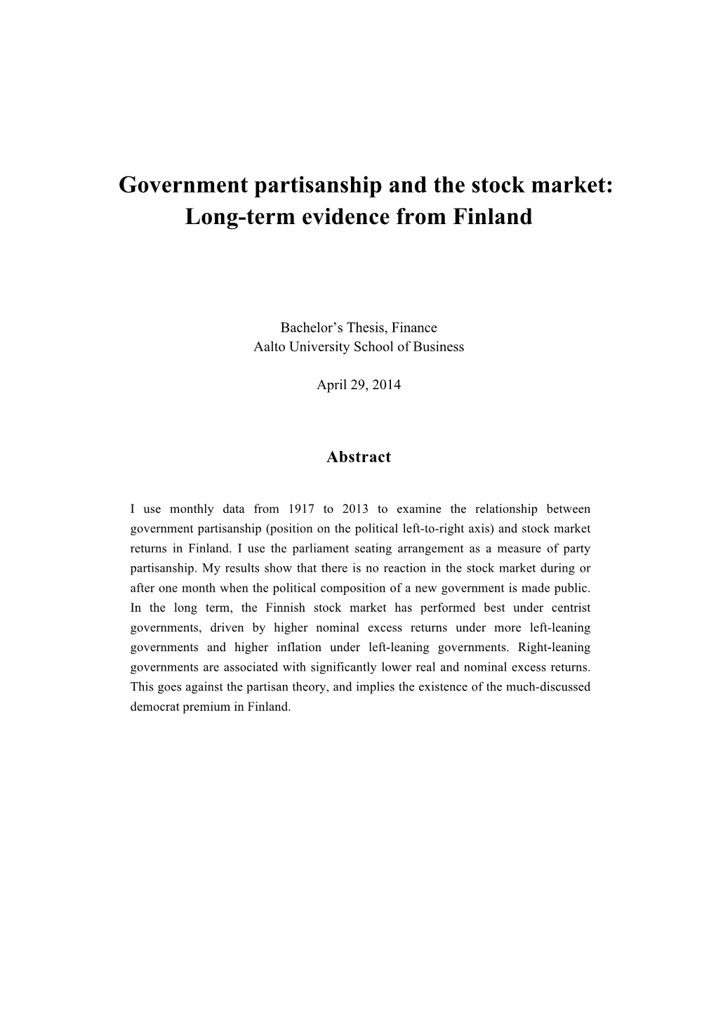 Government Partisanship and the Stock Market: Long-Term Evidence from Finland