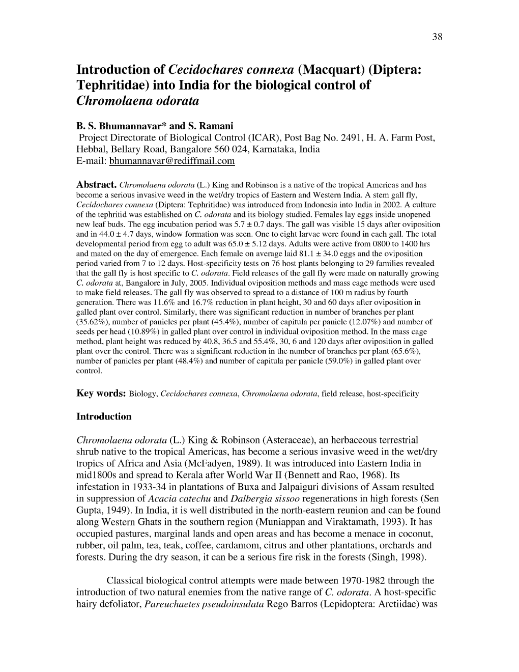 Introduction of Cecidochares Connexa (Macquart) (Diptera: Tephritidae) Into India for the Biological Control of Chromolaena Odorata