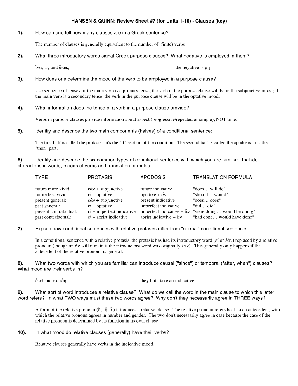 HANSEN & QUINN: Review Sheet #7 (For Units 1-10)