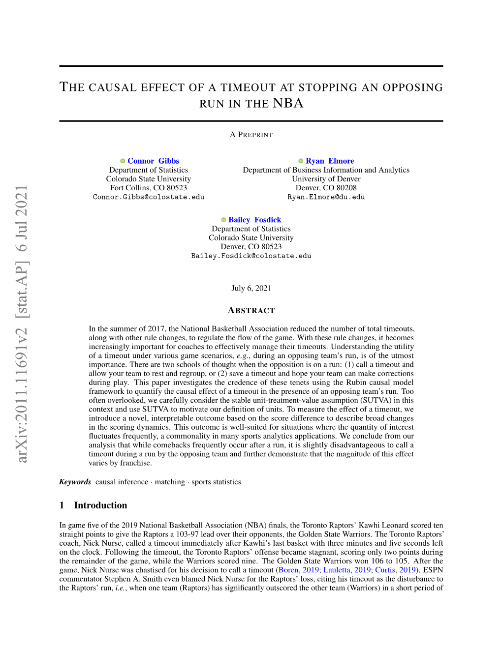 The Causal Effect of a Timeout at Stopping an Opposing Run in The