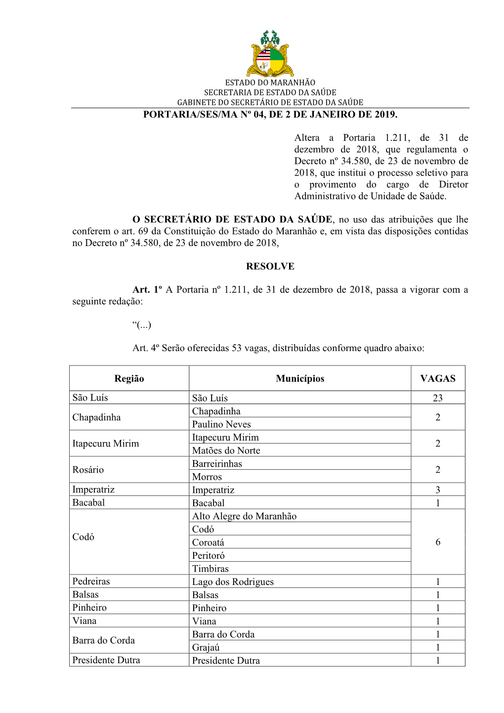 Portaria/Ses/Ma Nº 04, De 2 De Janeiro De 2019