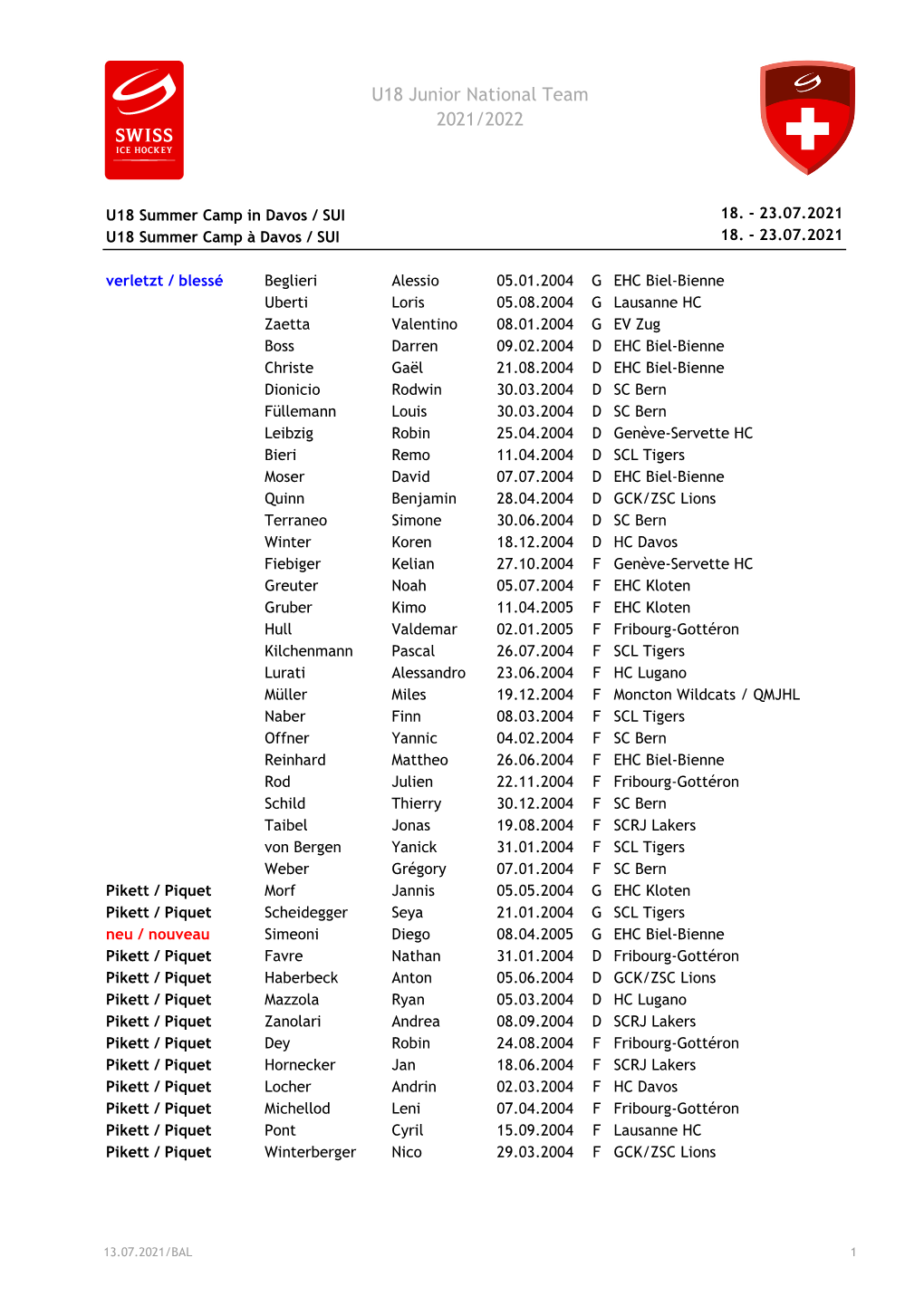 U18 Junior National Team 2021/2022