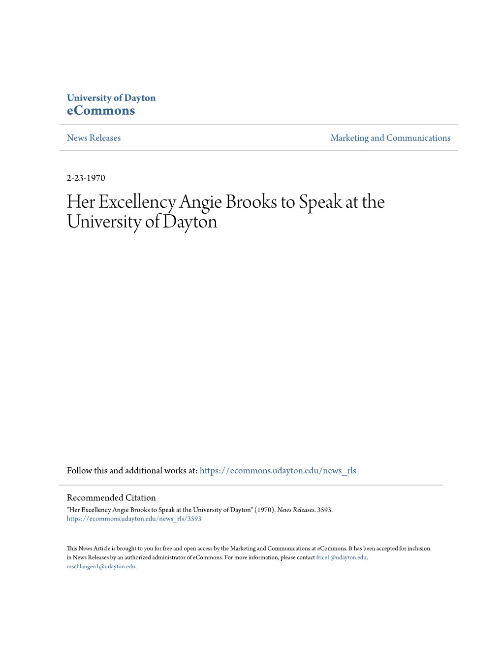 Her Excellency Angie Brooks to Speak at the University of Dayton