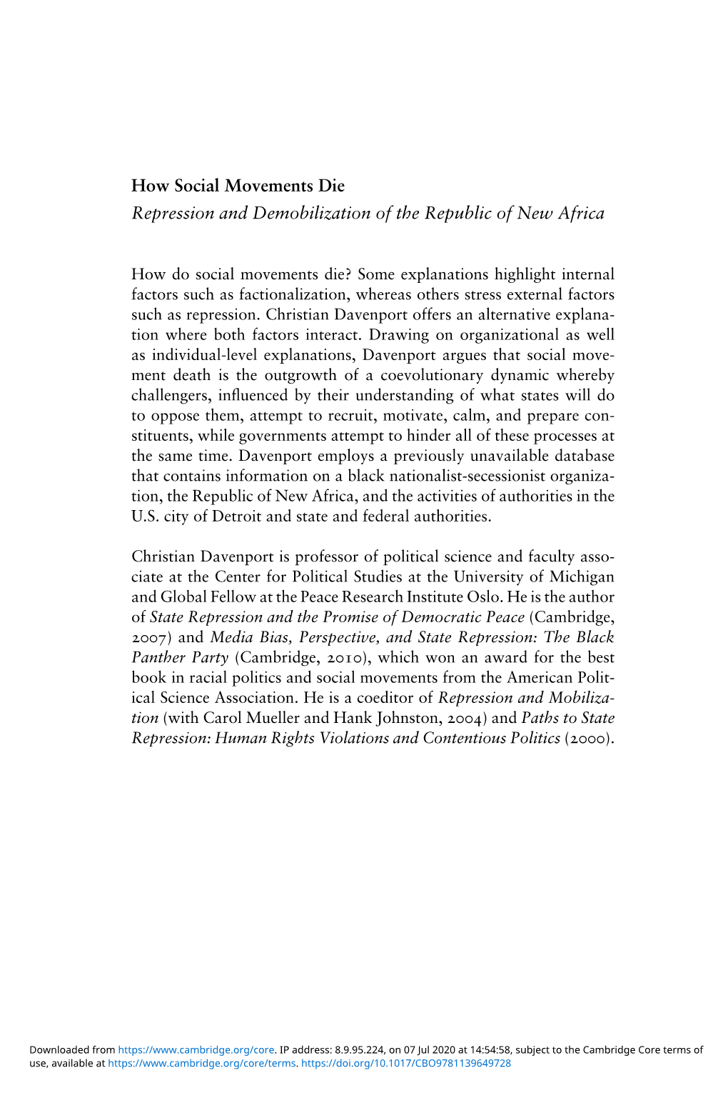 How Social Movements Die Repression and Demobilization of the Republic of New Africa