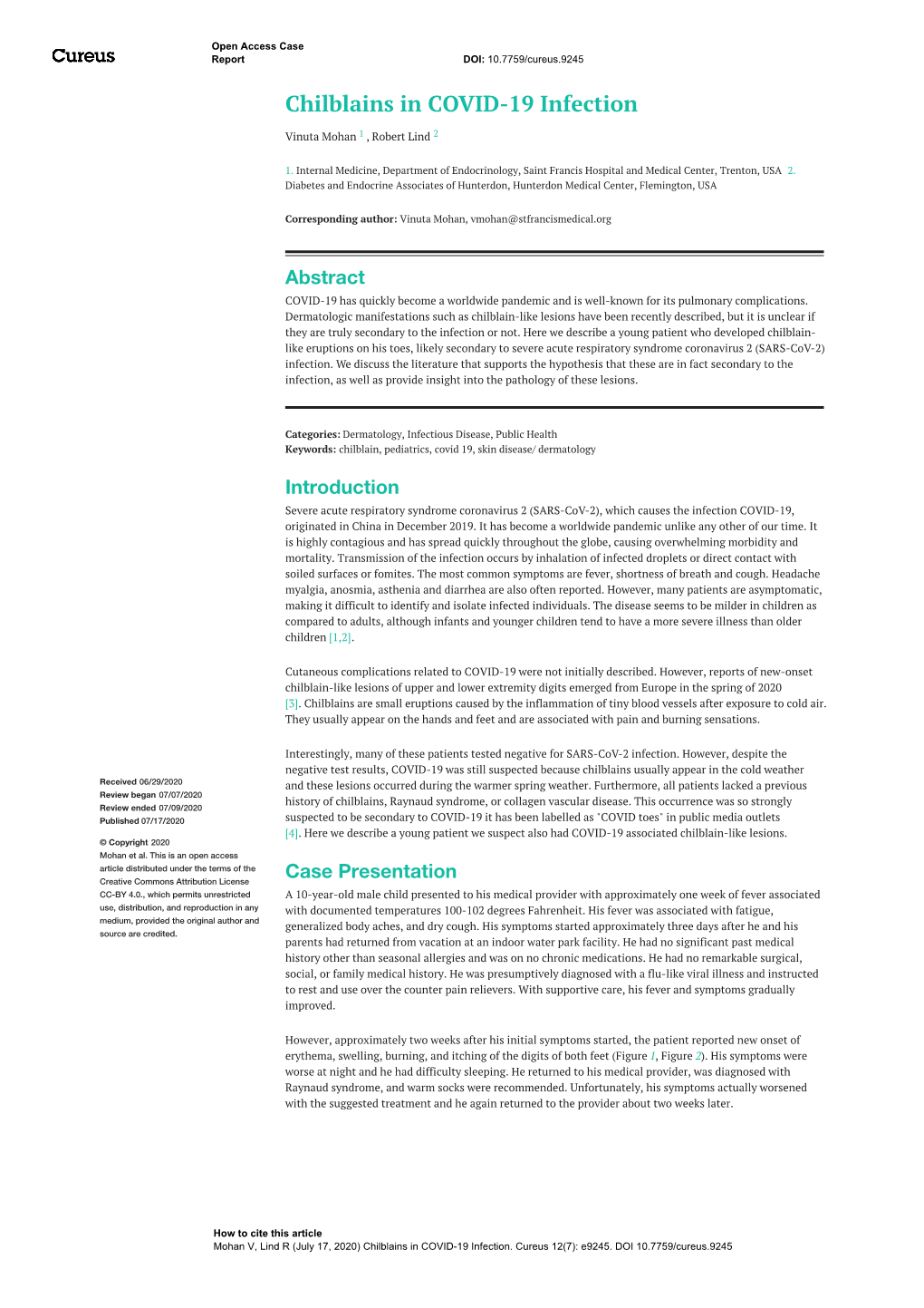 Chilblains in COVID-19 Infection