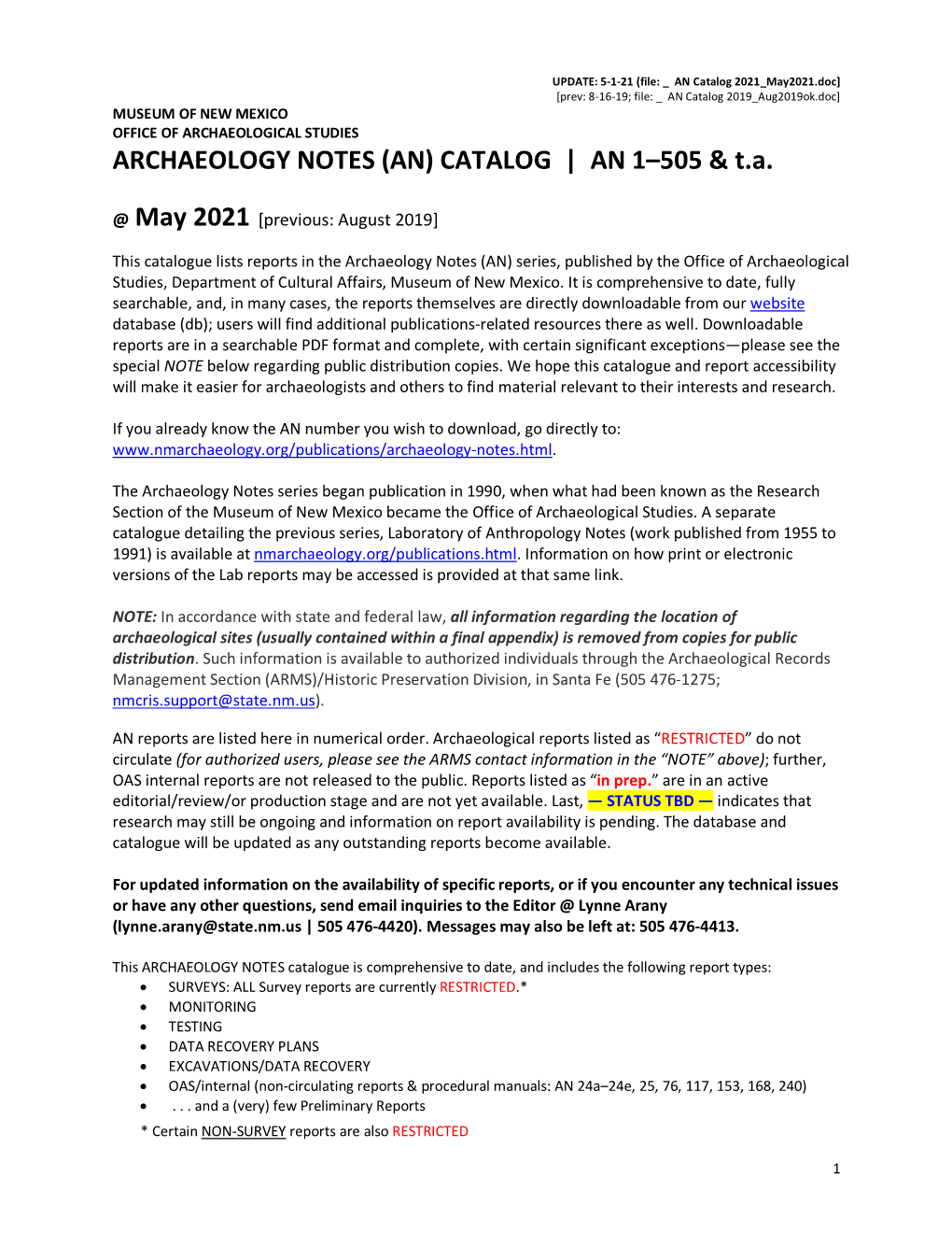 ARCHAEOLOGY NOTES (AN) CATALOG | an 1–505 & T.A