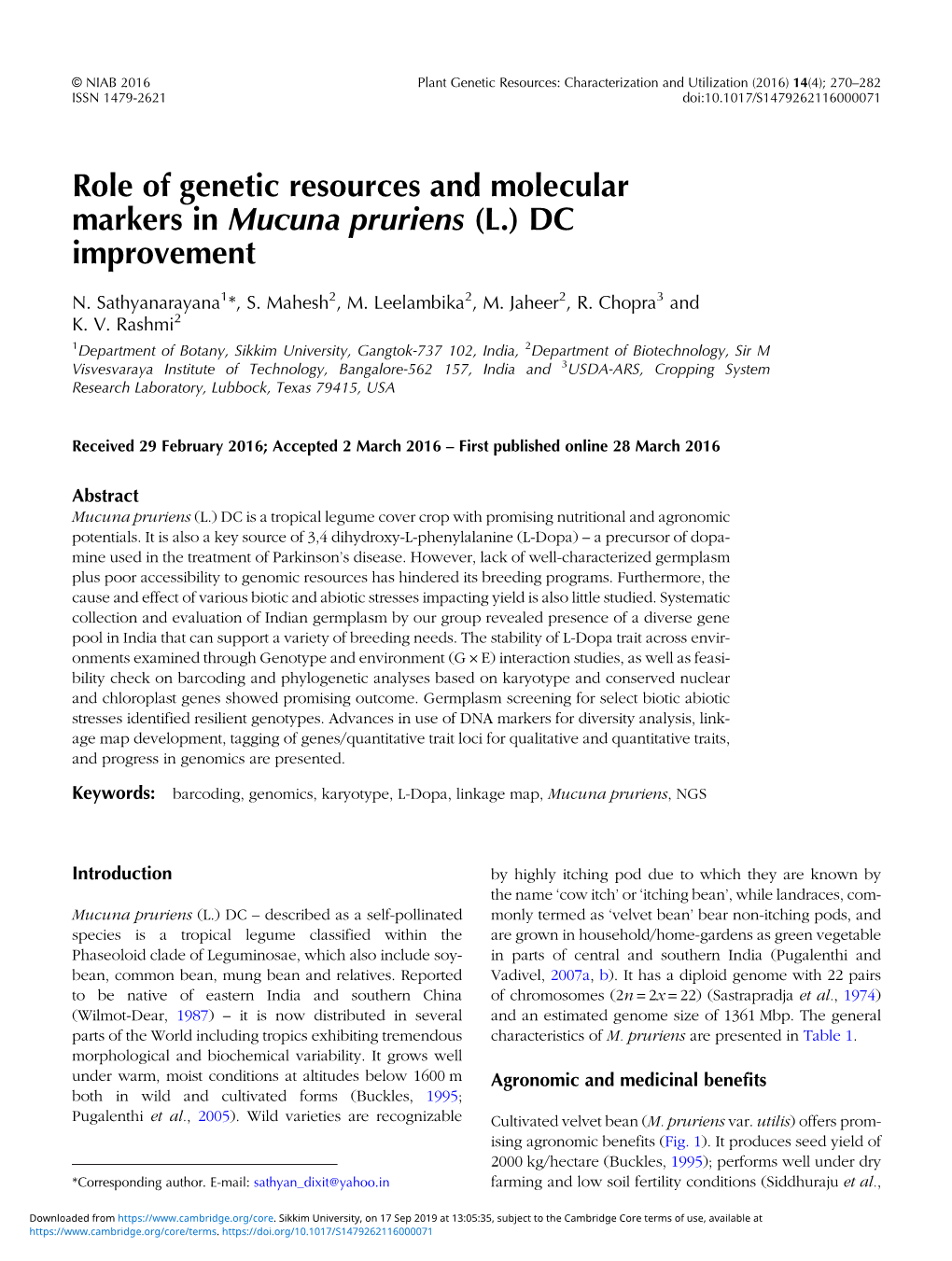 Role of Genetic Resources and Molecular Markers in Mucuna Pruriens (L.) DC Improvement