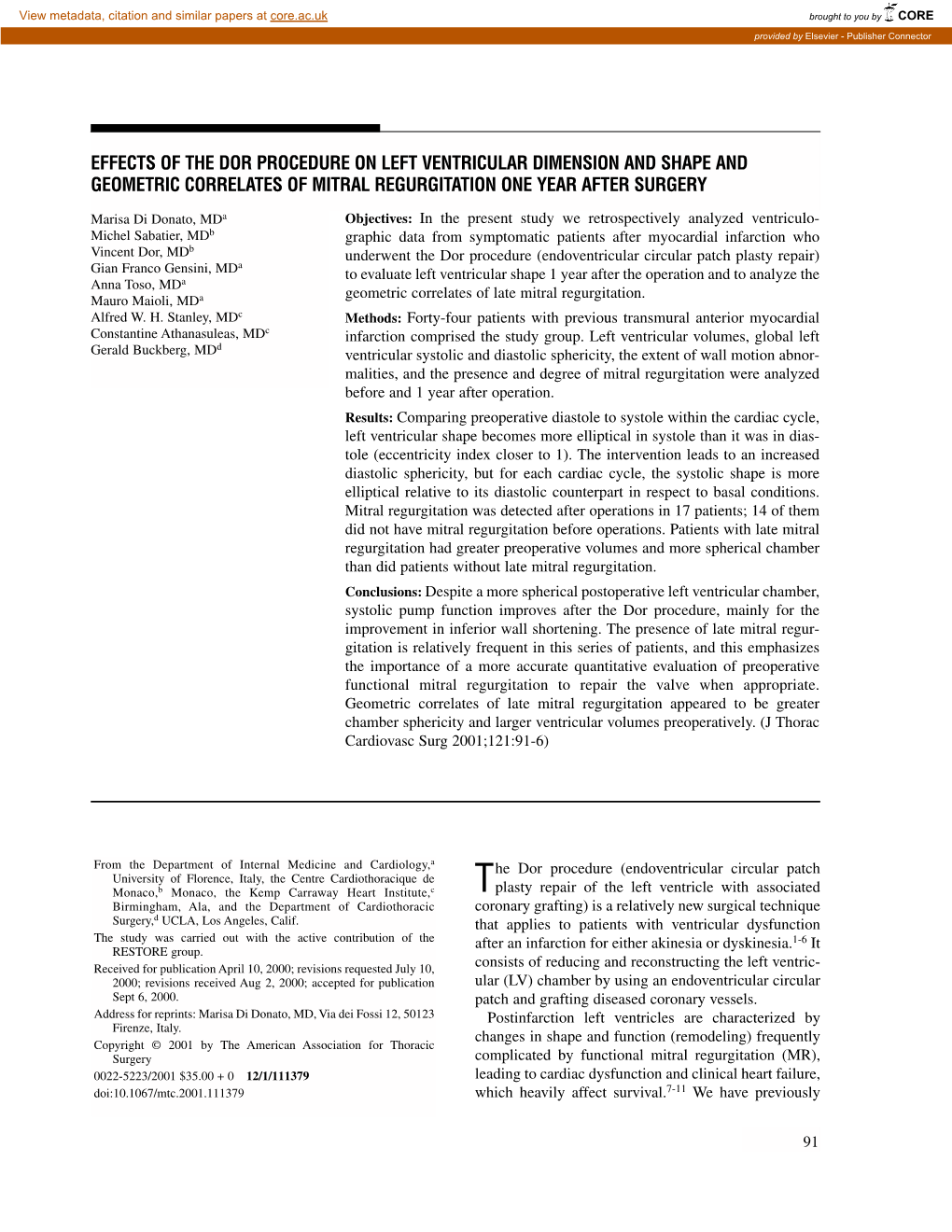 Effects of the Dor Procedure on Left Ventricular Dimension and Shape and Geometric Correlates of Mitral Regurgitation One Year After Surgery