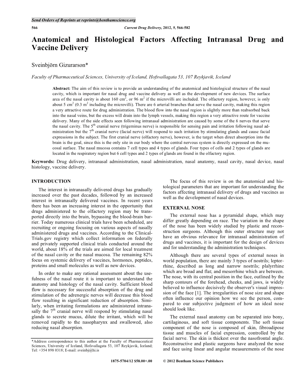 Anatomical and Histological Factors Affecting Intranasal Drug and Vaccine Delivery