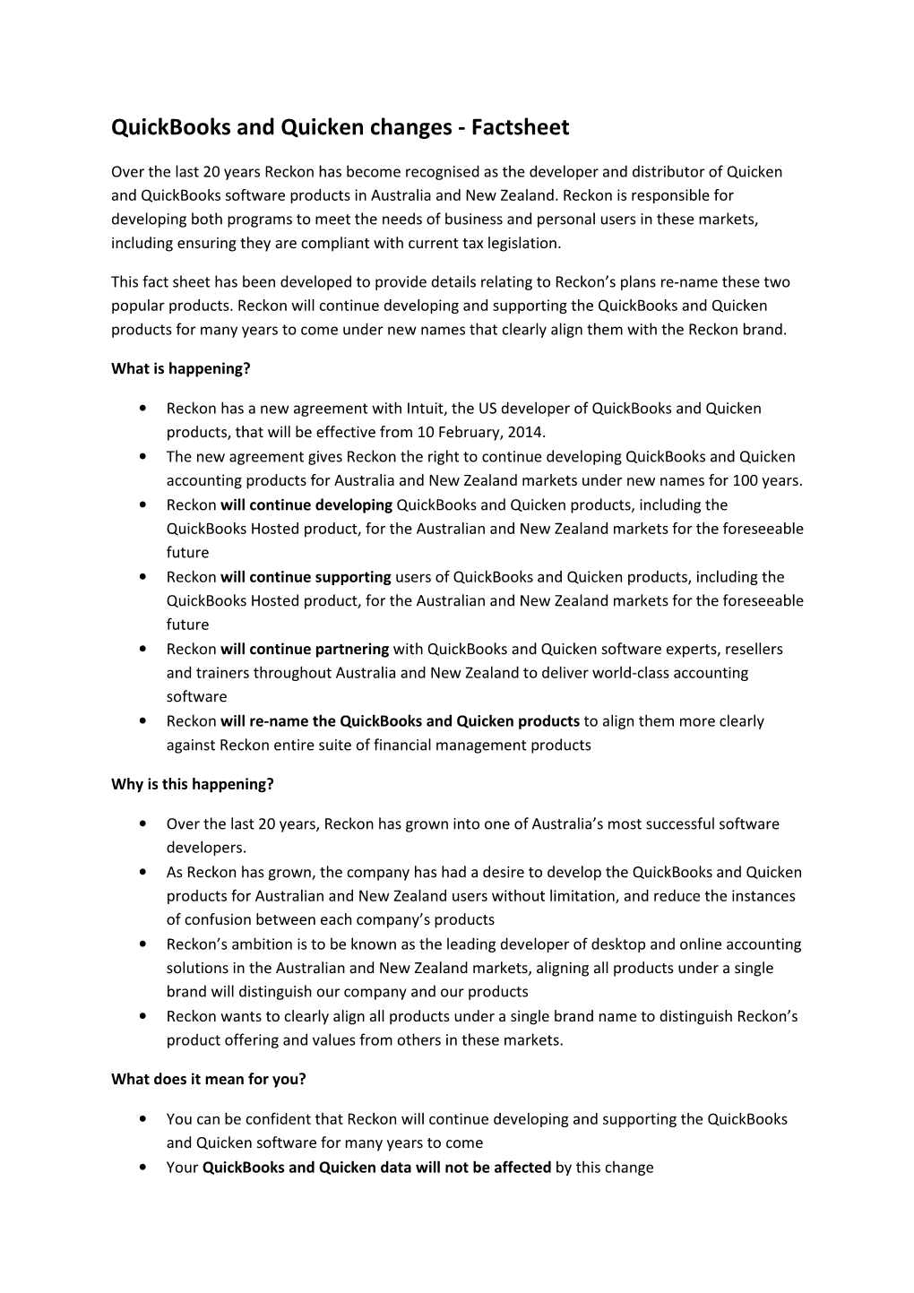 Quickbooks and Quicken Changes - Factsheet