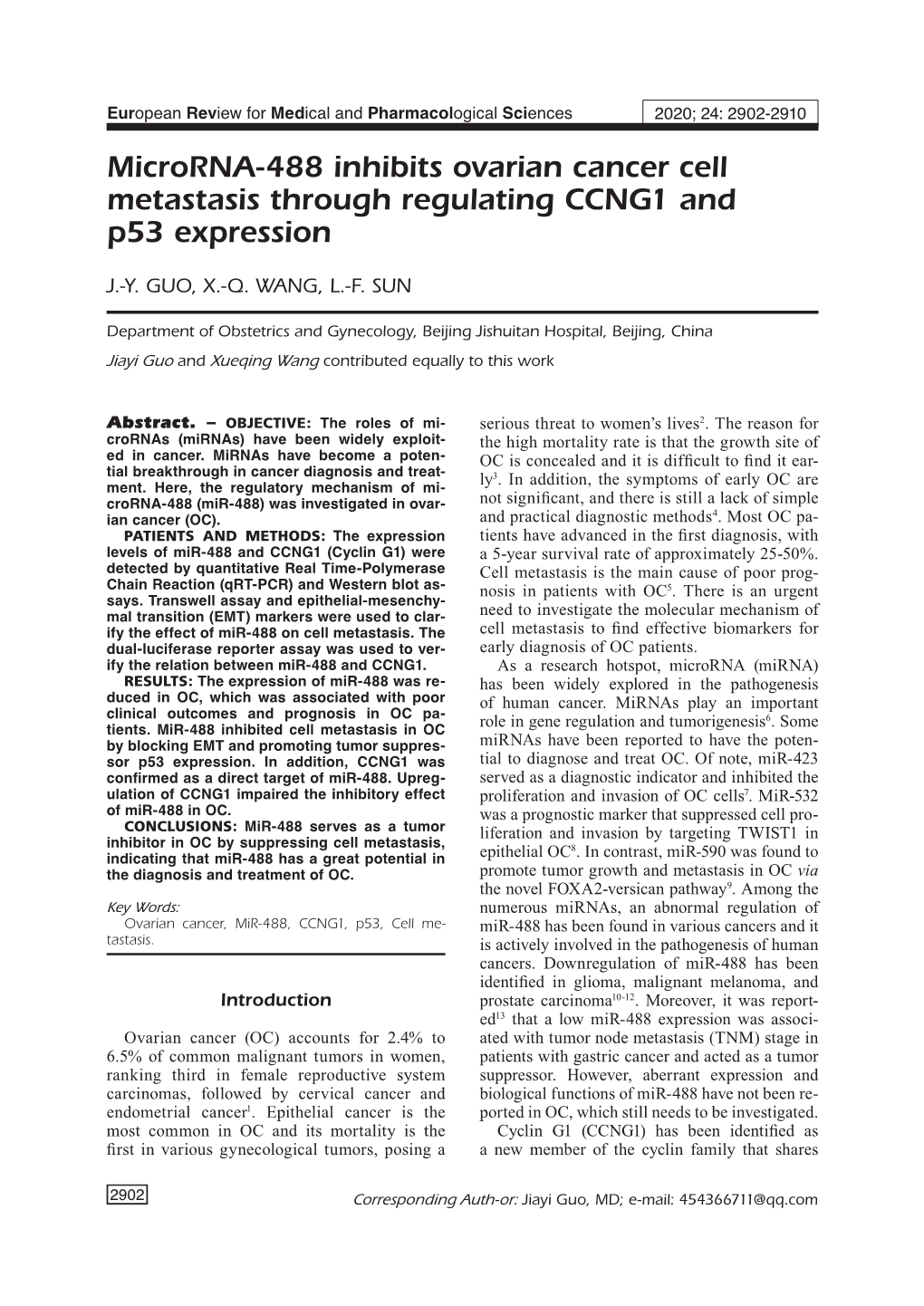 Microrna-488 Inhibits Ovarian Cancer Cell Metastasis Through Regulating CCNG1 and P53 Expression