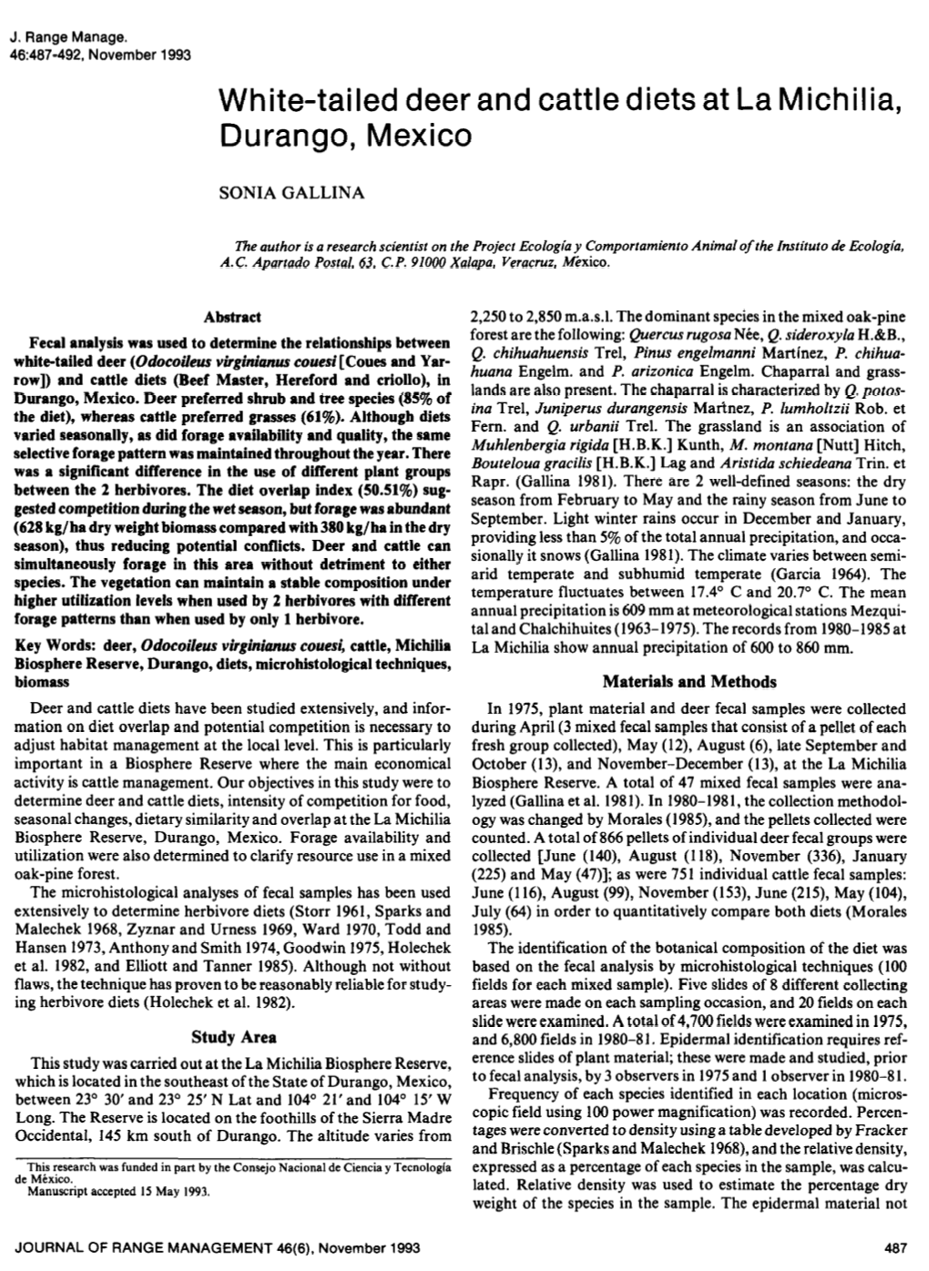 White-Tailed Deer Durango, Mexico and Cattle Diets at La Michilia