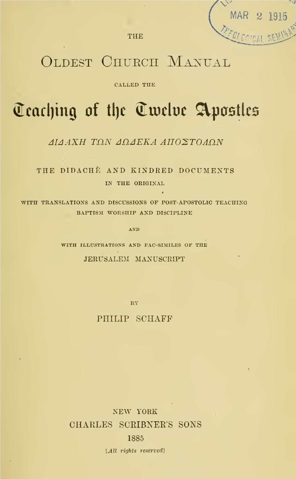 The Oldest Church Manual Called the Teaching of The