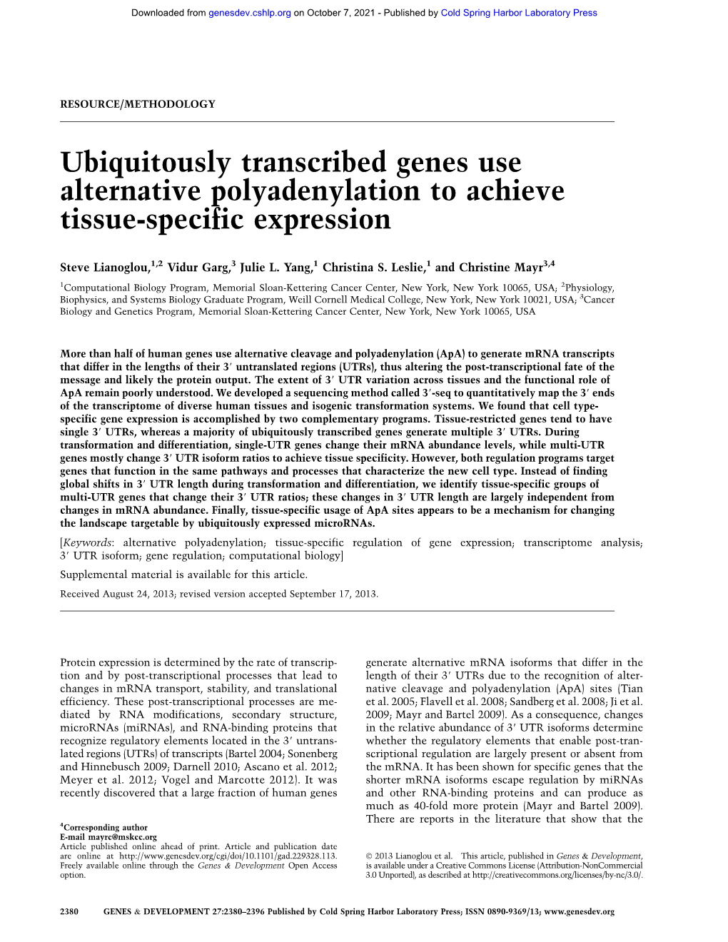 Ubiquitously Transcribed Genes Use Alternative Polyadenylation to Achieve Tissue-Specific Expression