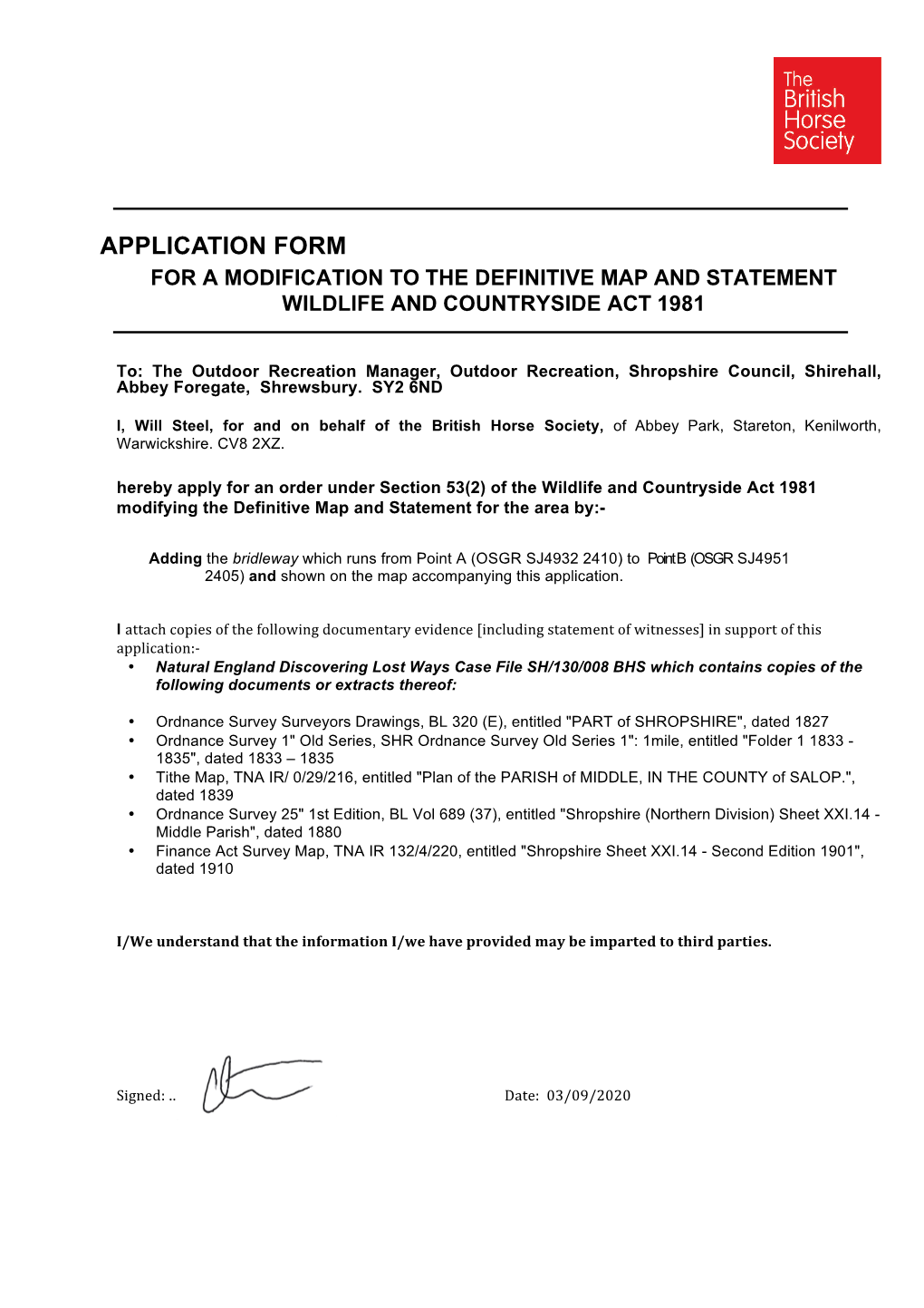 Application Form for a Modification to the Definitive Map and Statement Wildlife and Countryside Act 1981