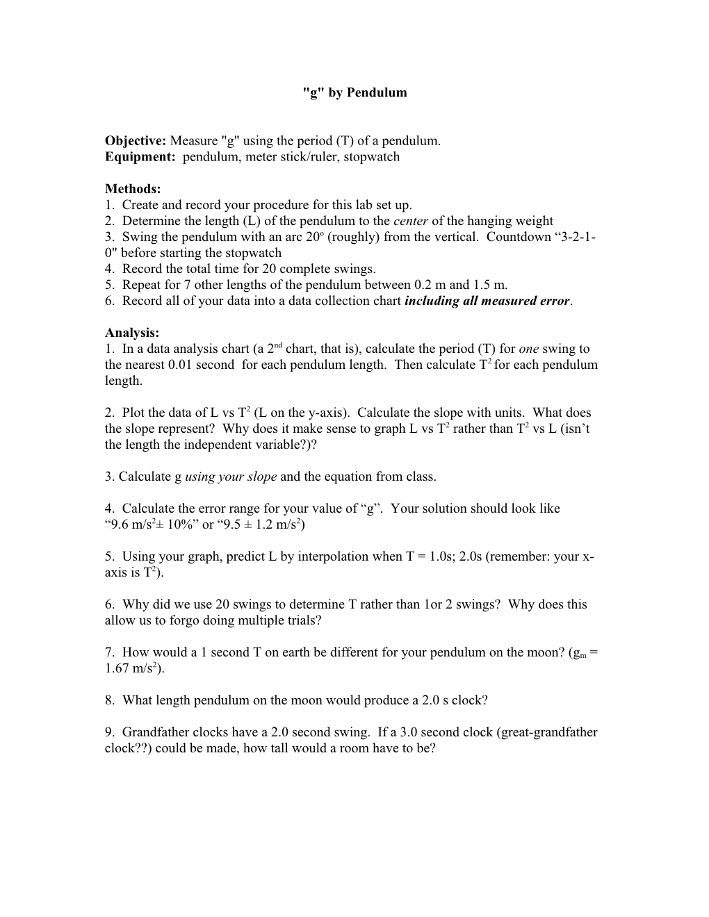 Objective: Measure G Using the Period (T) of a Pendulum. Equipment: Pendulum, Meter