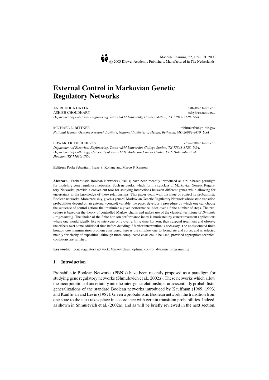 External Control in Markovian Genetic Regulatory Networks