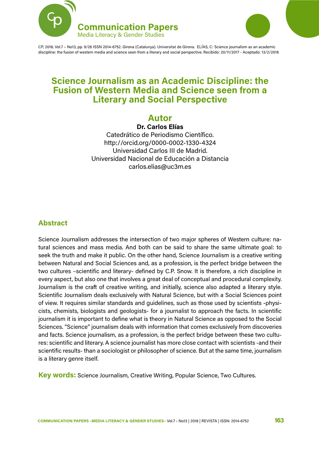 Science Journalism As an Academic Discipline: the Fusion of Western Media and Science Seen from a Literary and Social Perspective