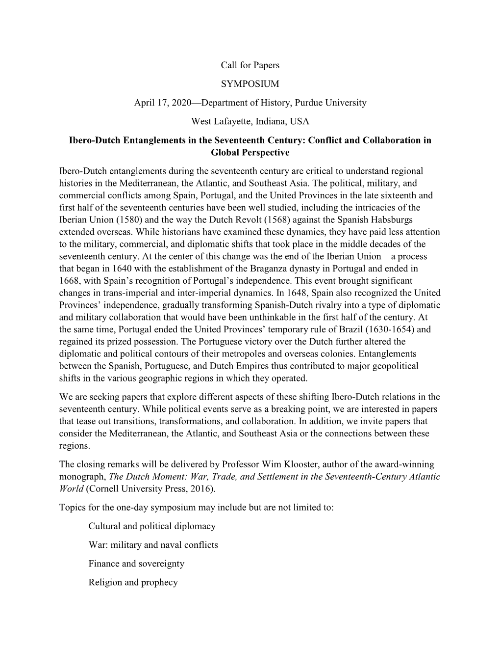 Call for Papers SYMPOSIUM April 17, 2020
