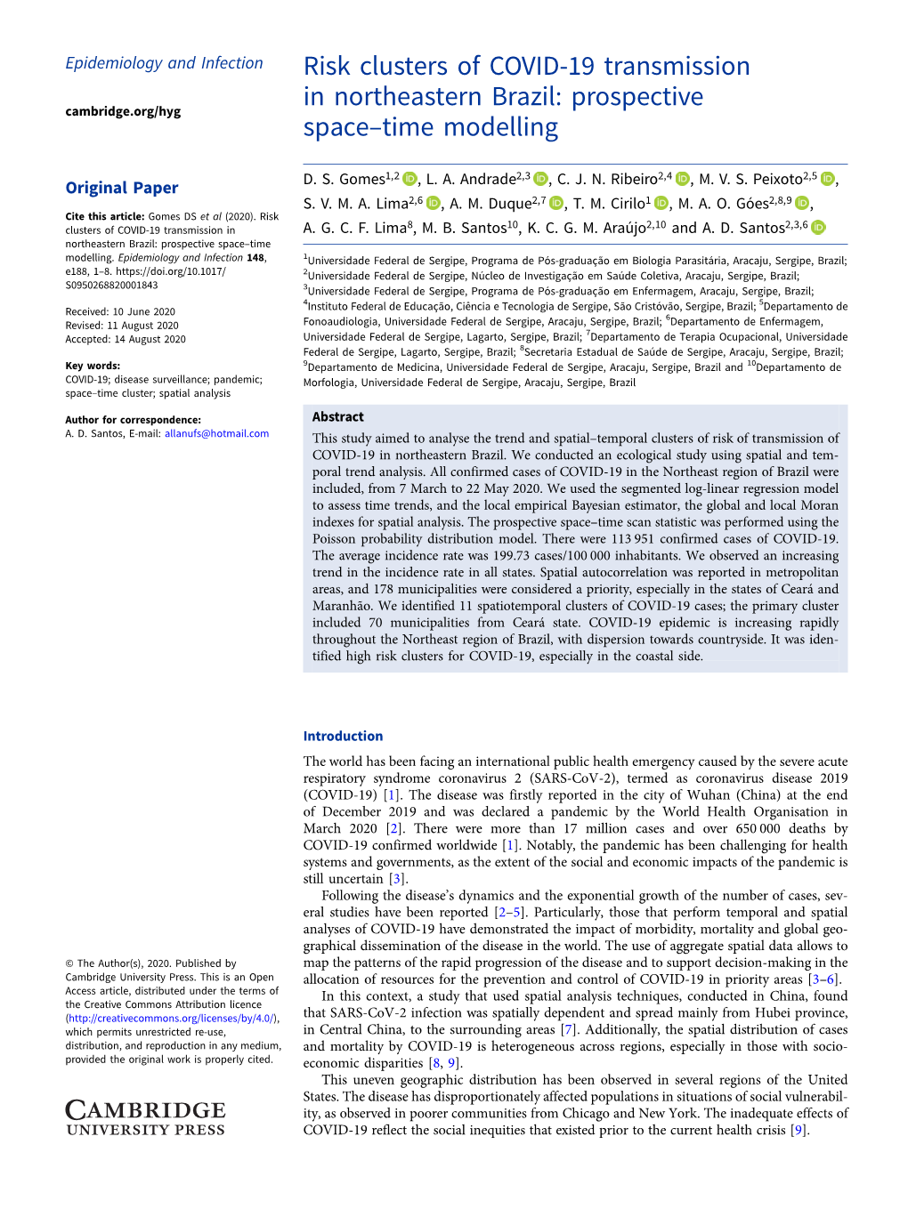 Risk Clusters of COVID-19 Transmission in Northeastern Brazil: Prospective Cambridge.Org/Hyg Space–Time Modelling