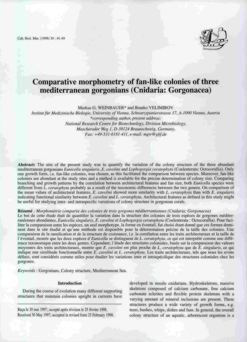 Comparative Morphometry of Fan-Like Colonies of Three Mediterranean Gorgonians (Cnidaria: Gorgonacea)