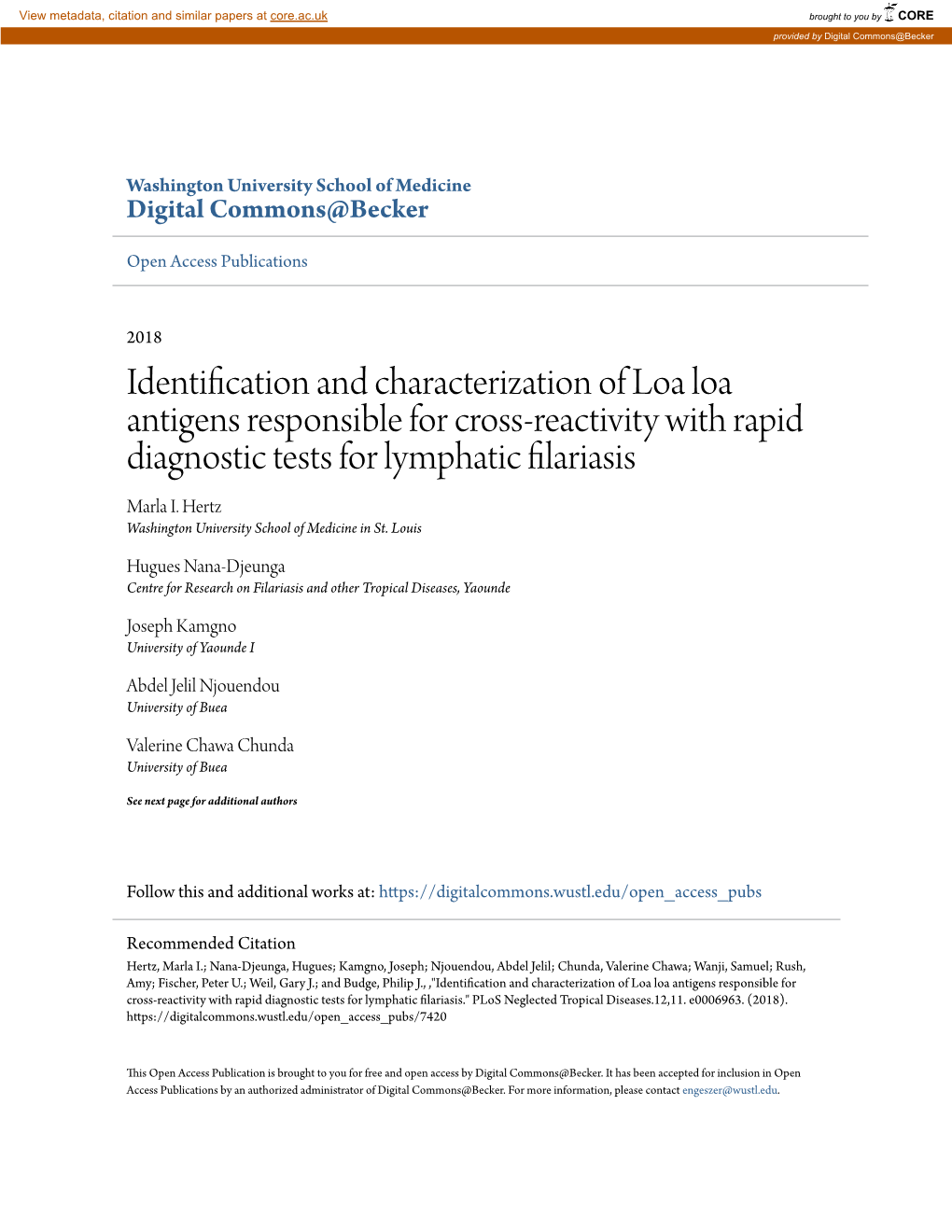 Loa Loa Antigens Responsible for Cross-Reactivity with Rapid Diagnostic Tests for Lymphatic Filariasis Marla I