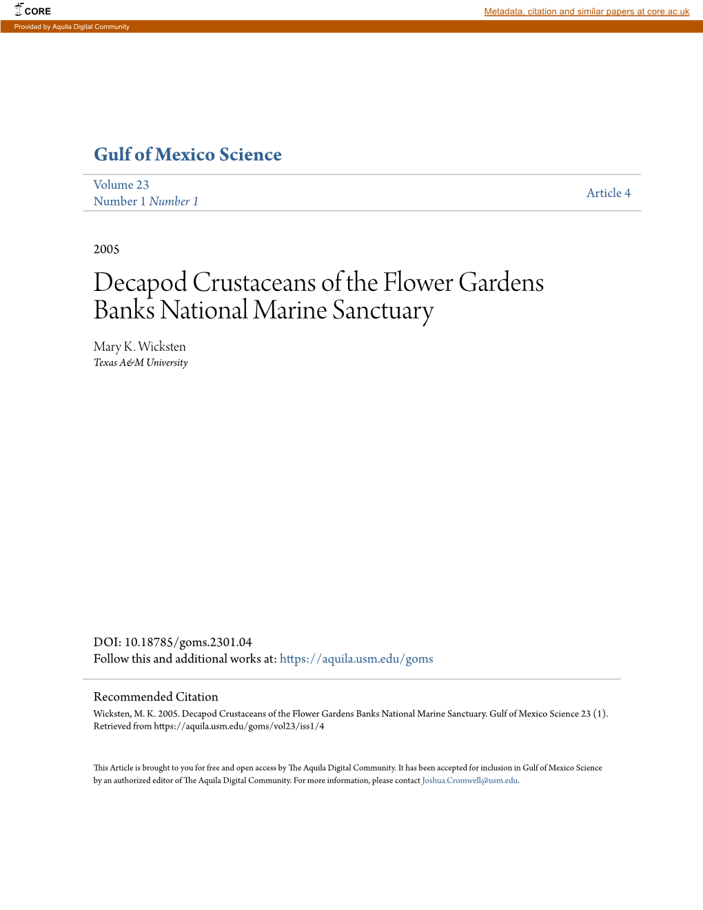 Decapod Crustaceans of the Flower Gardens Banks National Marine Sanctuary Mary K