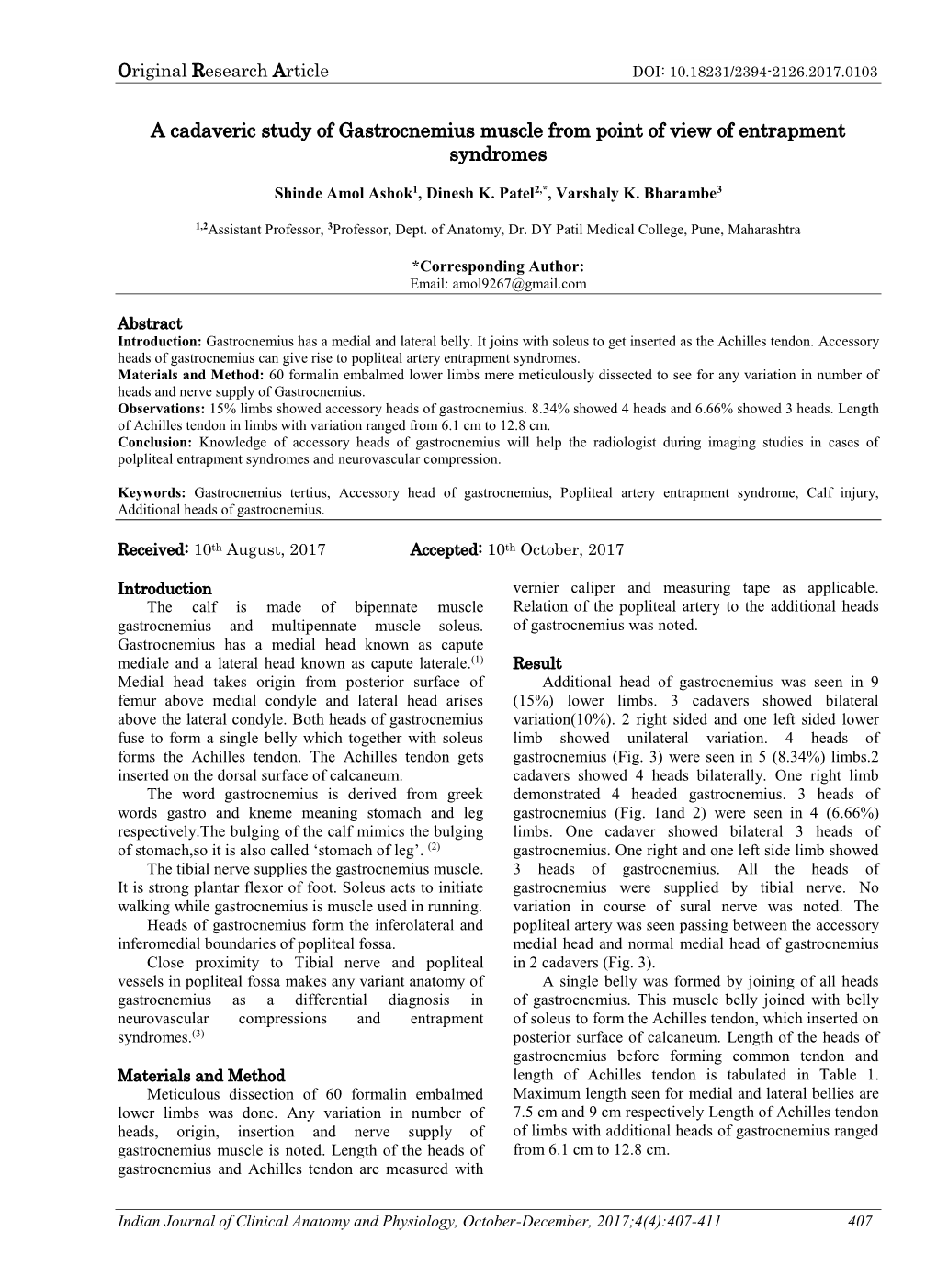 A Cadaveric Study of Gastrocnemius Muscle from Point of View of Entrapment Syndromes