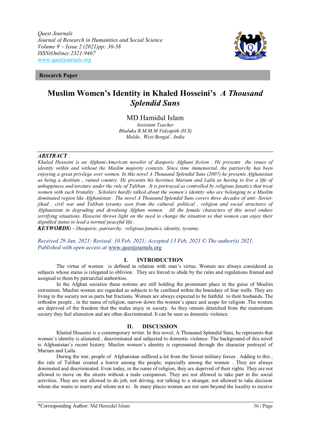 Muslim Women's Identity in Khaled Hosseini's a Thousand Splendid