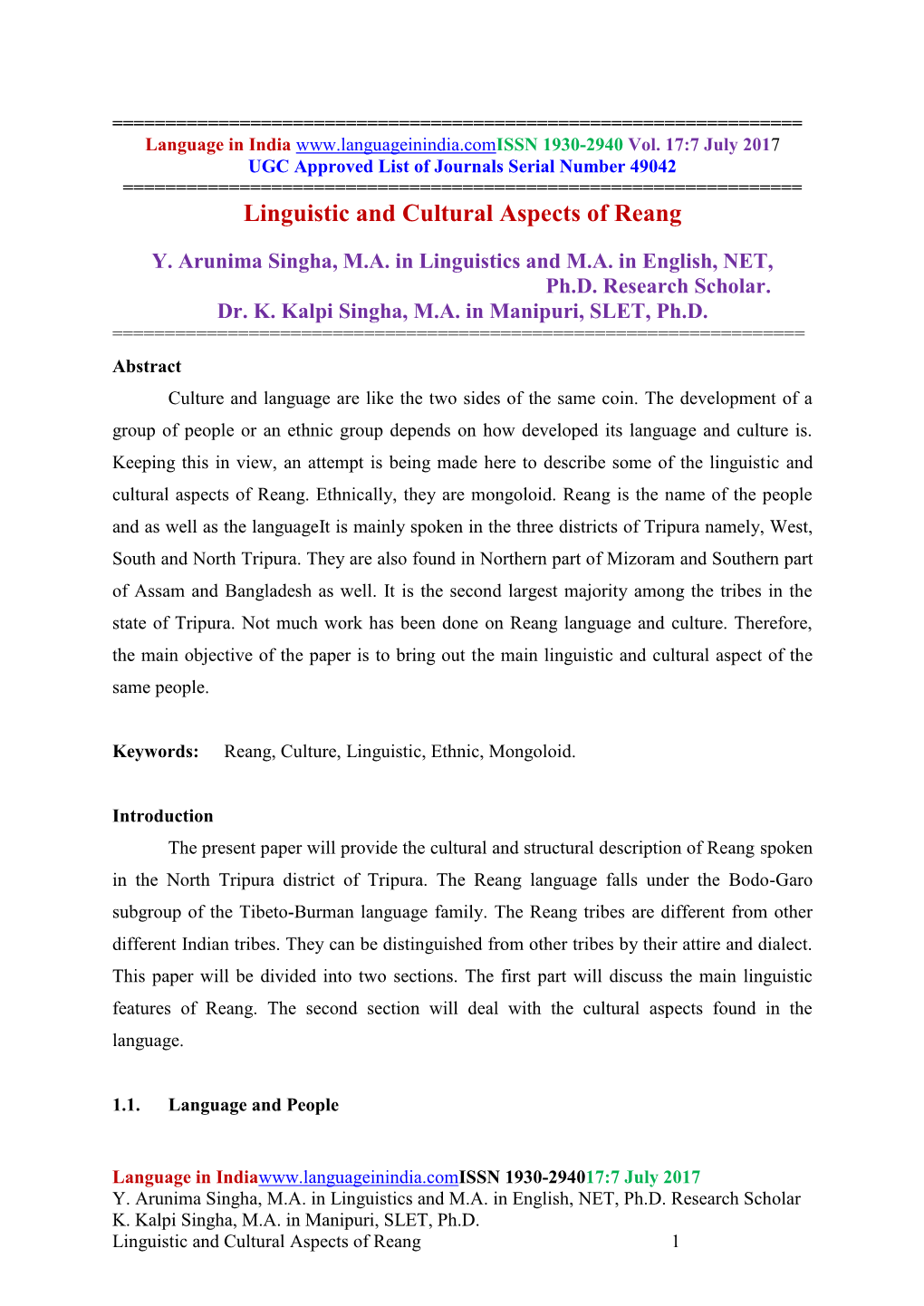 Linguistic and Cultural Aspects of Reang