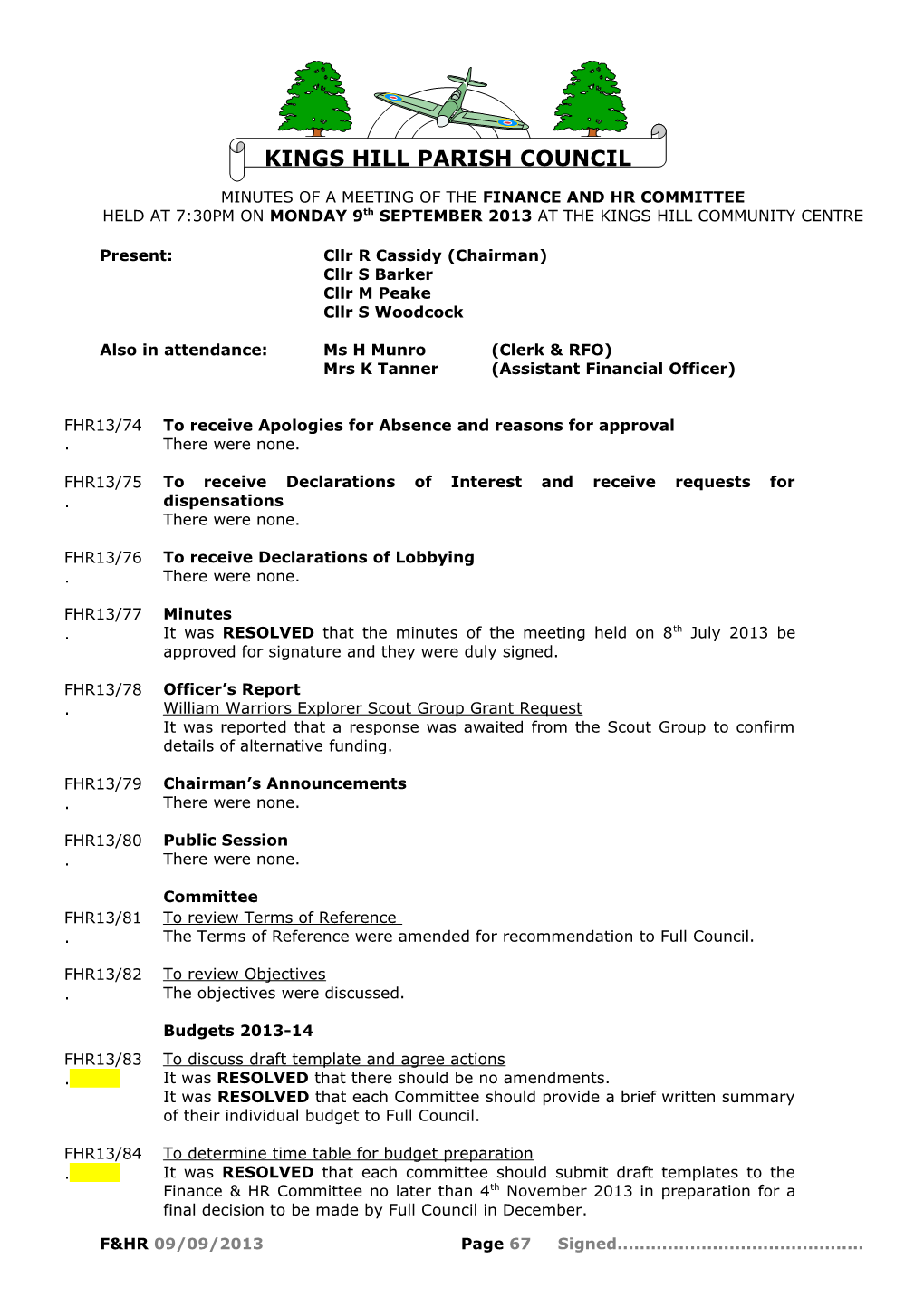 Minutes of a Meeting of the Finance and Hr Committee